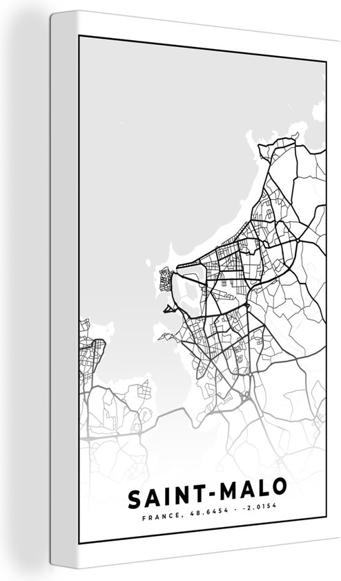 Canvas Schilderij Saint-Malo - Kaart – Plattegrond – Frankrijk – Stadskaart - Zwart wit - 40x60 cm - Wanddecoratie
