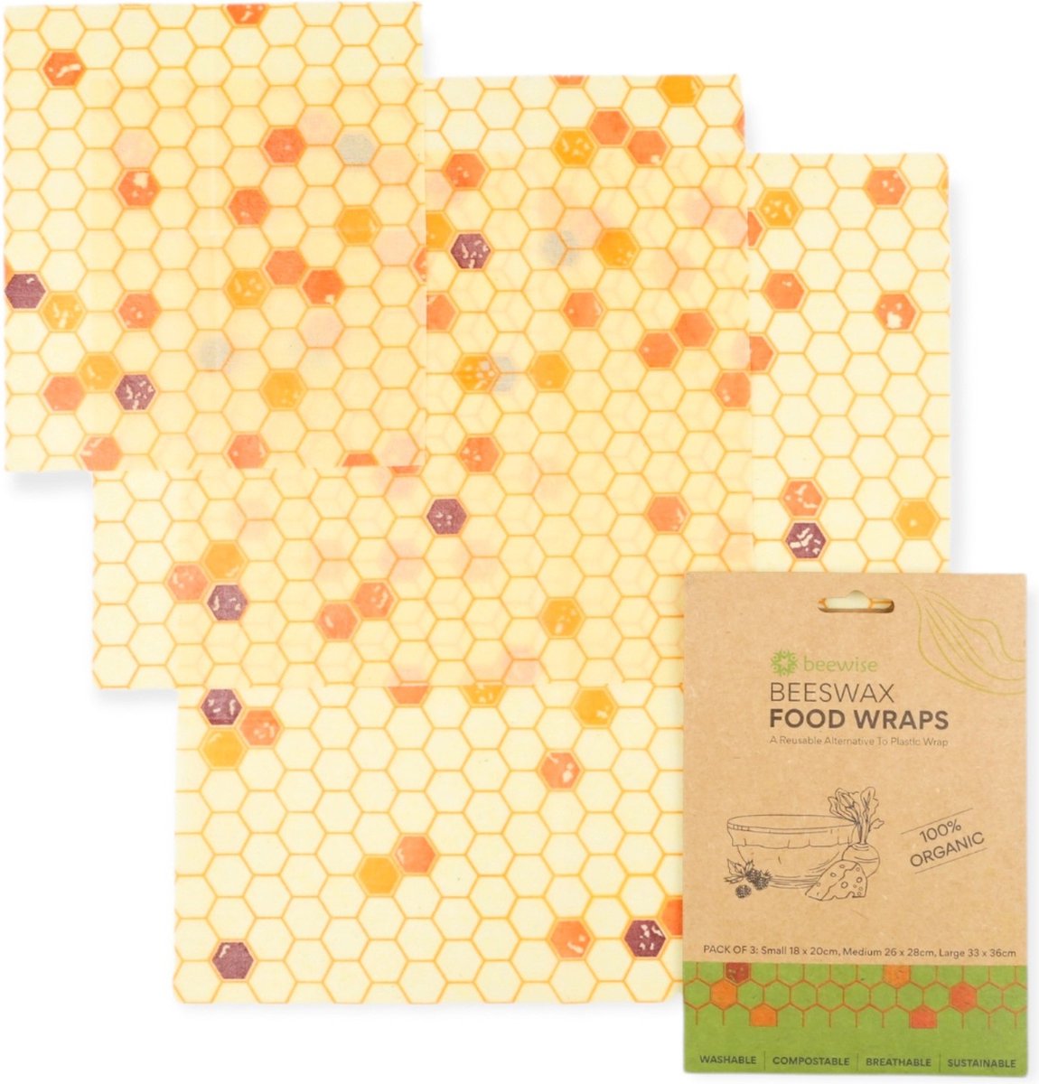 Biologische Bijenwas Doeken | 3 Pack Combinatie S/M/L | Herbruikbaar | Plastic Vrij | Duurzaam Cadeau | Plastic-Free Alternative to Cling Film | Organic Beeswax Food Wraps Set
