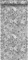 ESTAhome behang bloemtekeningen zwart en wit - 148616 - 53 x 1005 cm