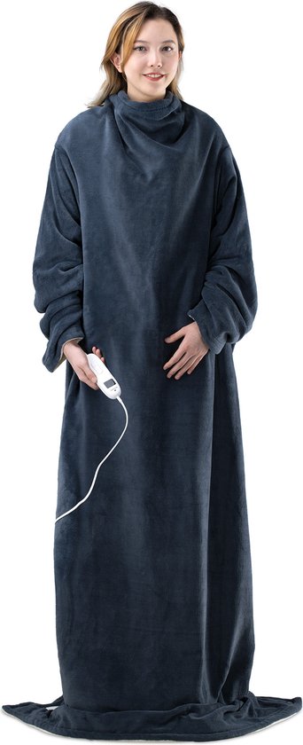Navaris XXL warmtedeken met mouwen Wasbare elektrische deken met 9 standen en timer 195x125cm Donkerblauw/crème