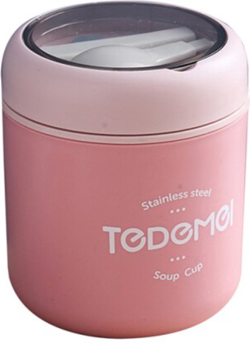 Soepbeker - thermos soepcontainer - 530ml - Soep thermos - lunchcontainer - Yoghurt to go - Soepbeker to go - inclusief lepel - Roze