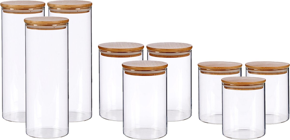 9x stuks glazen luxe keuken voorraadpotten/voorraadbussen 870-1085-1800 ml - 3x stuks per formaat