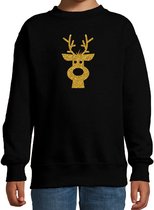 Rendier hoofd Kerstsweater - zwart met gouden glitter bedrukking - kinderen - Kersttruien / Kerst outfit 134/146