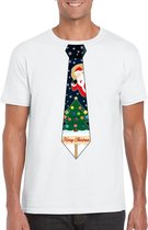 Wit kerst T-shirt voor heren - Kerstman en kerstboom stropdas print S