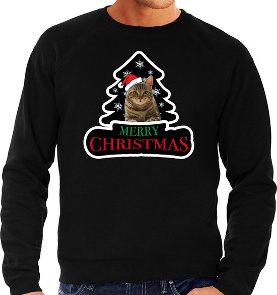 Dieren kersttrui - poes / kat - zwart - heren - Foute katten kerstsweater - dieren liefhebber L