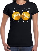 Fout kerst t-shirt zwart met gouden merry Xmas ballen borsten voor dames - kerstkleding / christmas outfit XL