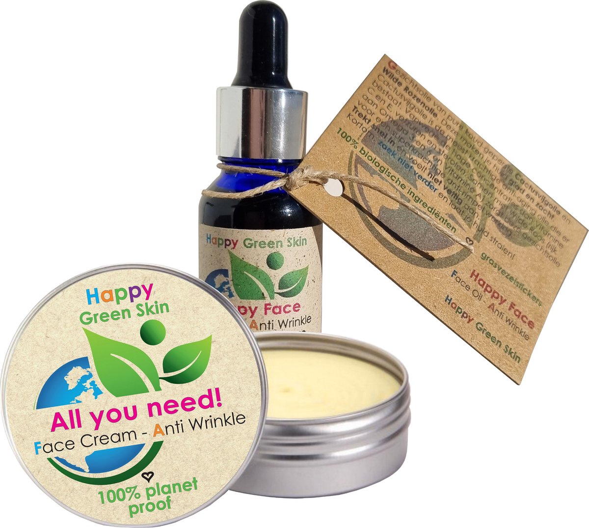 Happy Face en All you need ECO Combinatie Gezichtscrème / Oogcrème en Gezichtsolie - 100% organic - 100% planet proof - duurzame groene cosmetica - Retinol