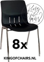King of Chairs -set van 8- model KoC Denver zwart met verchroomd onderstel. Kantinestoel stapelstoel kuipstoel vergaderstoel tuinstoel kantine stoel stapel stoel Jolanda kantinestoelen stapelstoelen kuipstoelen stapelbare Napels eetkamerstoel