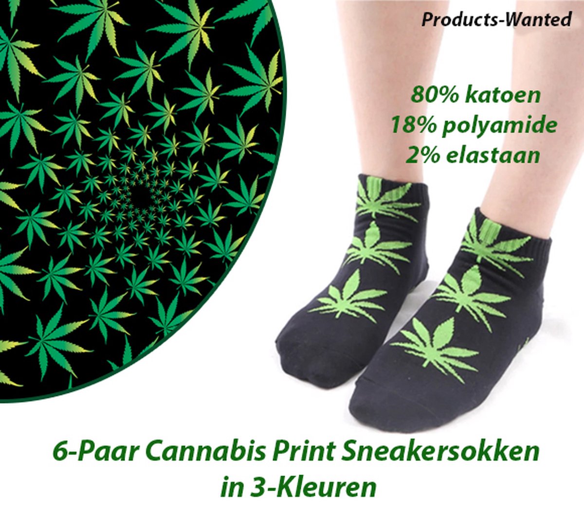 6-Paar Cannabis Print Sneakersokken in 3-Kleuren (40-46)