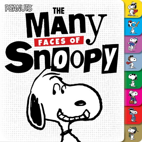 Boek 'The Many Faces of Snoopy'. Snoopy met diverse outfits en outfits.