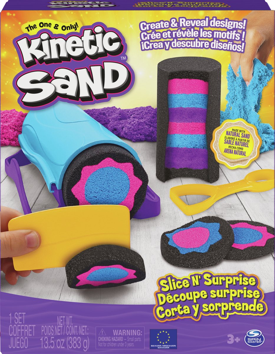 Kinetic Sand - Slice N' Surprise-set met 383 g zwart, roze en blauw speelzand en 7 gereedschappen - Sensorisch speelgoed
