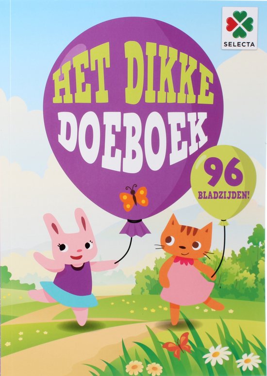 Paarse ballon met 'HET DIKKE DOEBOEK' en een konijn. Groene ballon met '96 BLADZIJDEN!' en een kat. Selecta logo.
