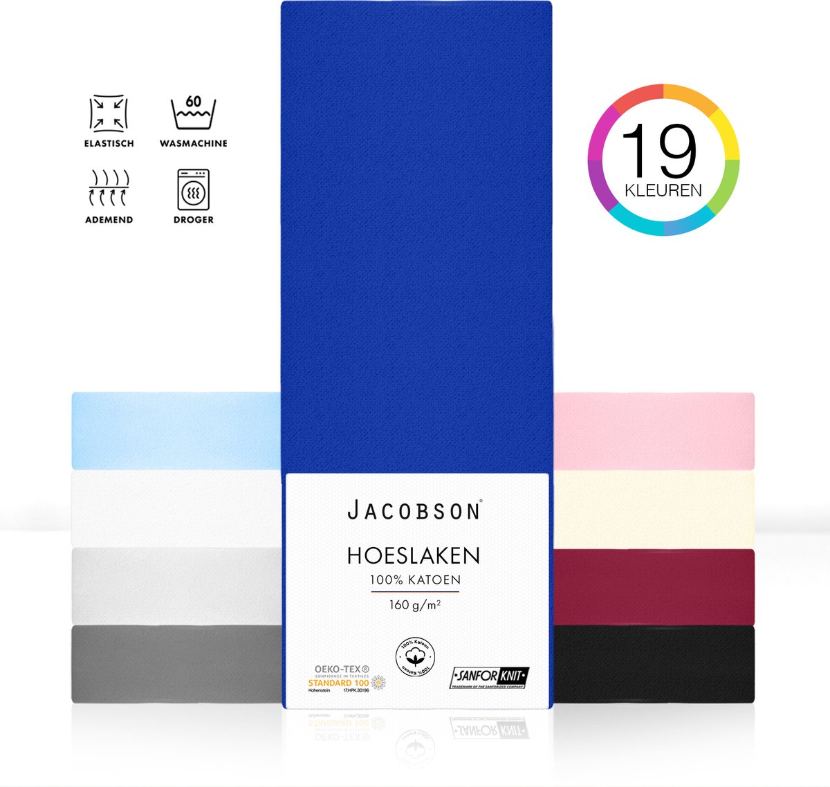 Jacobson PREMIUM - Jersey Hoeslaken - 180x200cm - 100% Katoen - tot 25cm matrasdikte - Koningsblauw