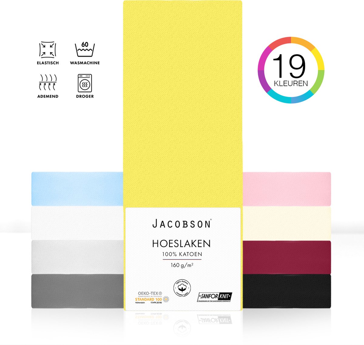Jacobson PREMIUM - Jersey Hoeslaken - 160x200cm - 100% Katoen - tot 23cm matrasdikte - Geel