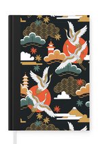 Notitieboek - Schrijfboek - Kraanvogel - Wolken - Japan - Patroon - Notitieboekje klein - A5 formaat - Schrijfblok