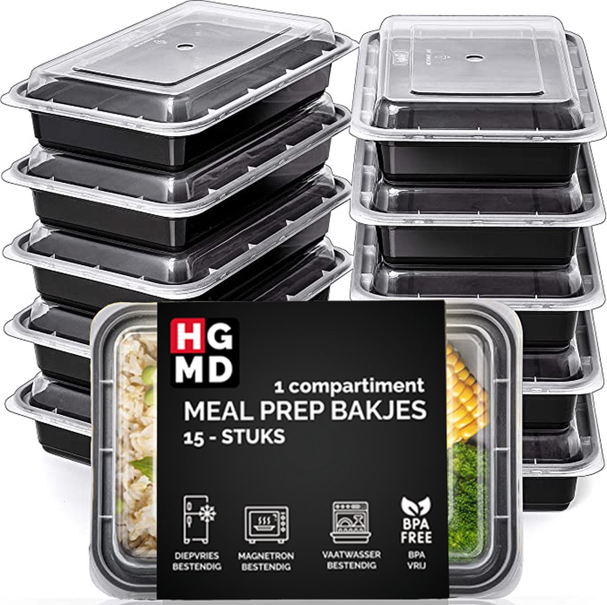 HGMD® Meal Prep Bakjes - 15 stuks - 1 compartiment - Lunchbox - Diepvriesbakjes - Vershoudbakjes - Plastic Bakjes Met Deksel - Magnetron Bakjes Met Deksel - Meal Prep - Vershouddoos - 1L - BPA vrij