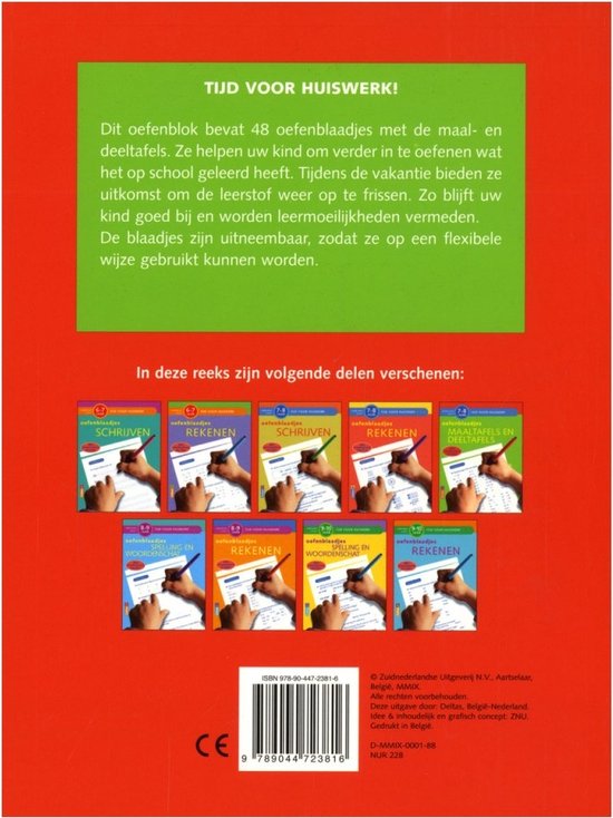 Overzicht van de reeks 'Tijd voor huiswerk': oefenblaadjes schrijven, rekenen en spelling.