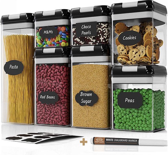 Foto: Repus set van 7 voorraadpotten bewaarpotten zwarte luchtdichte deksel verschillende maten food storage container bpa vrij incl sticker labels krijtstift
