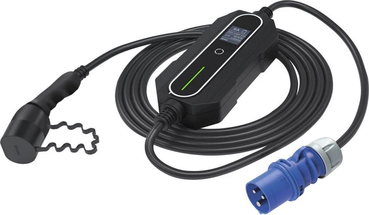 EM2GO EM014ACC AC Draagbare Laadstation Blauwe CEE-stekker naar Type2 - 230V - 6A - 1,2kW - IP66 - 5m - Zwart