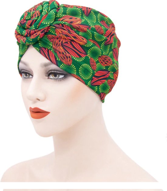 Cabantis Indisch- Hijab - Afrikaans - Arabisch - Tulband - Muts - Haarband - Stretch - Leafs/Groen/Rood