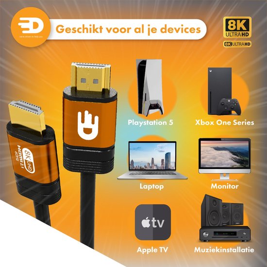 Drivv. Premium HDMI Kabel 2.1 - Ultra HD High Speed 8K - HDMI naar HDMI - Xbox Series X & PS5 - 2 meter - Oranje