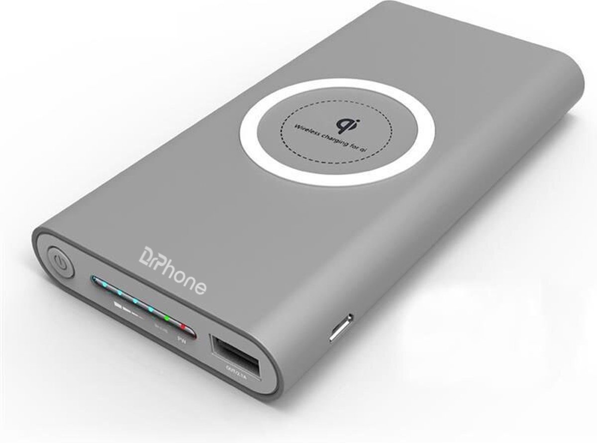 DrPhone PBX3 2 in 1 Powerbank +Draadloos opladen – Externe Batterij – 1x USB 2.0 2.1A–10000 mAh met Batterij indicator- Grijs