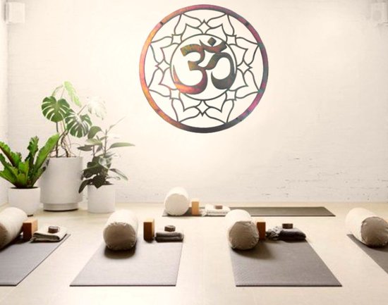 Décoration murale en acier - Groot 75cm - Ohm avec lotus - Couleur huileuse - Yoga - Qualité