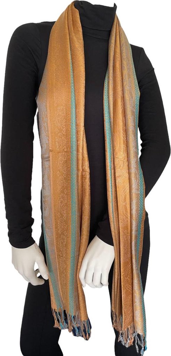 Sjaal dames- Pashmina Sjaal- Fashion Sjawl Pareo Omslagdoek- Fijn geweven Sjaal 207/4- Brons met grijs turquoise details
