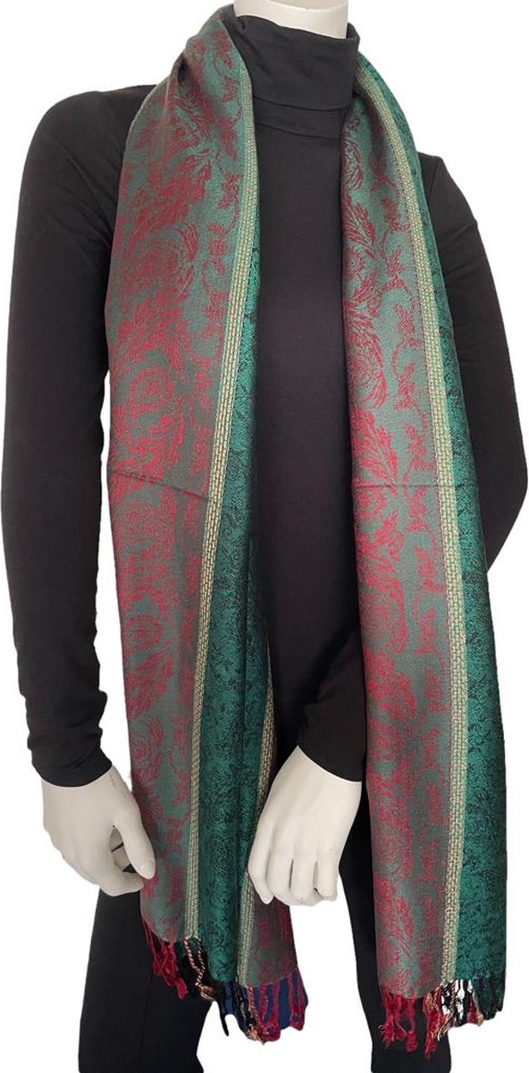 Sjaal dames- Pashmina Sjaal- Fashion Sjawl Pareo Omslagdoek- Fijn geweven Sjaal 207/10- Groen met rood beige details