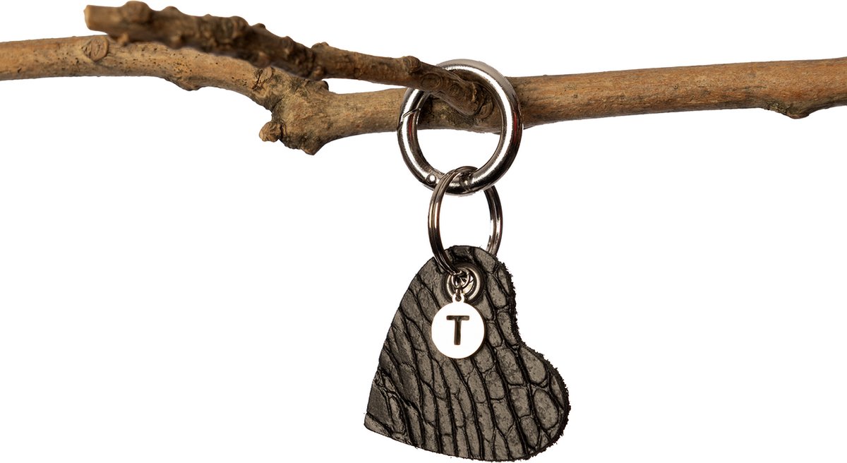 Madhura Bags Sleutelhanger Hart Zwart - Buffelleer- Lichte krokodillenprint - Naamletter T