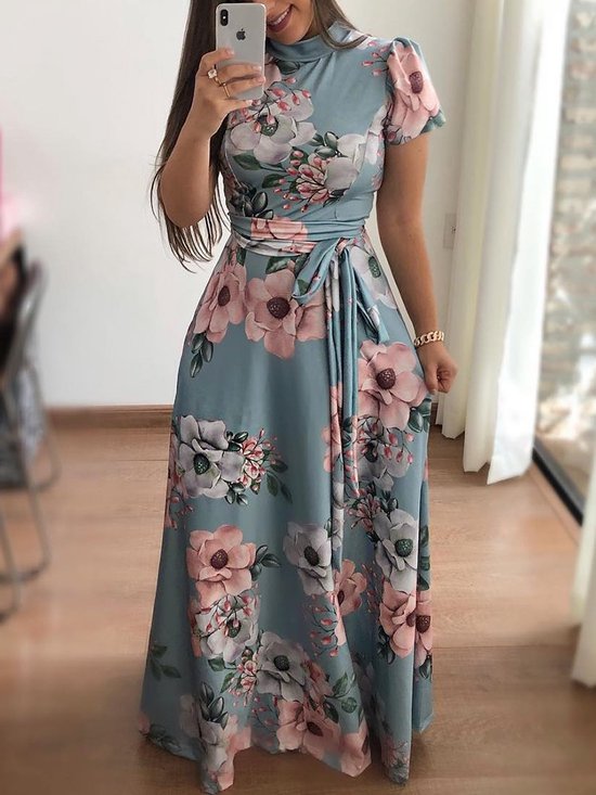 Robe Longue Femme - Robe Maxi - Manches Courtes - Vert - Taille M