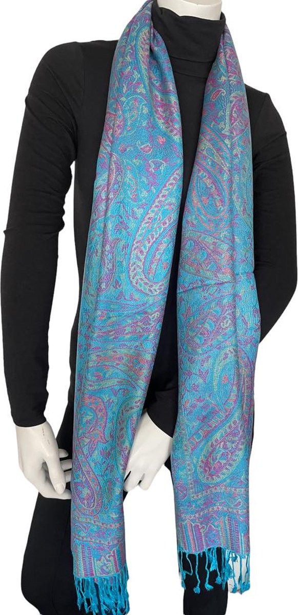 Pashmina Sjaal- Fashion Sjawl Pareo Omslagdoek- Fijn geweven Sjaal 206/1- Turquoise met Roodroze