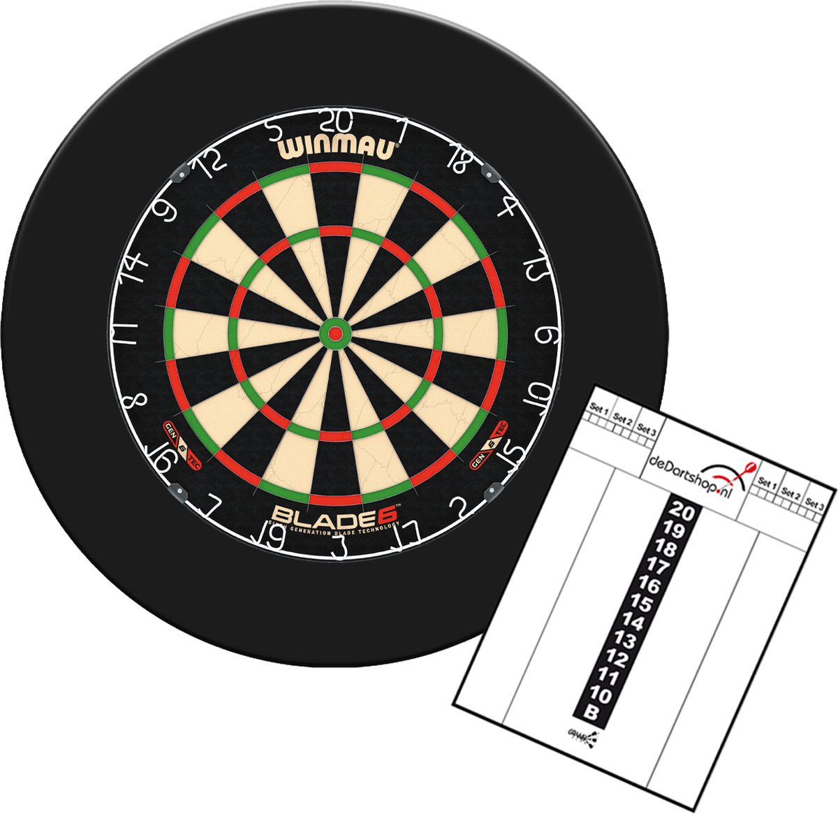 Dragon Darts - Winmau Blade 6 dartbord - Dartbord surround ring - Scorebord - Zwart