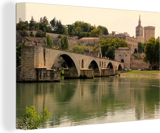 Canvas Schilderij Pont d'Avignon met brug bij het water, Avignon, Frankrijk - 120x80 cm - Wanddecoratie