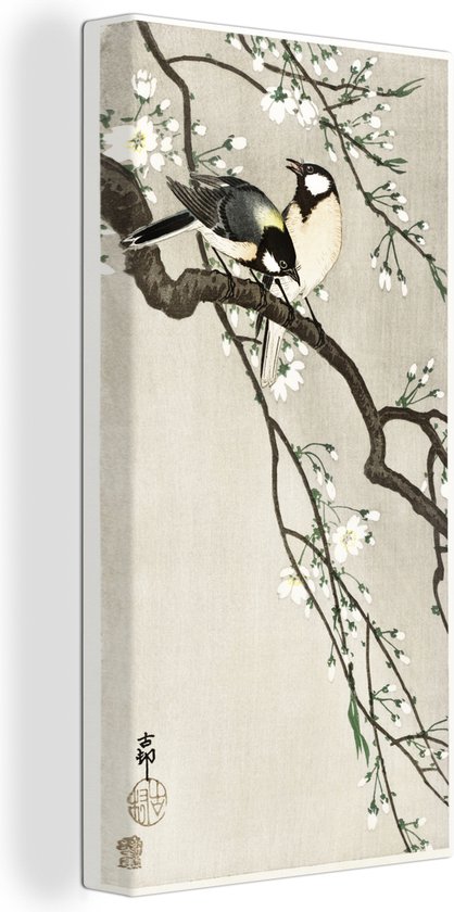 Canvas Schilderij Two tits on cherry blossom - schilderij van Ohara Koson - 40x80 cm - Wanddecoratie