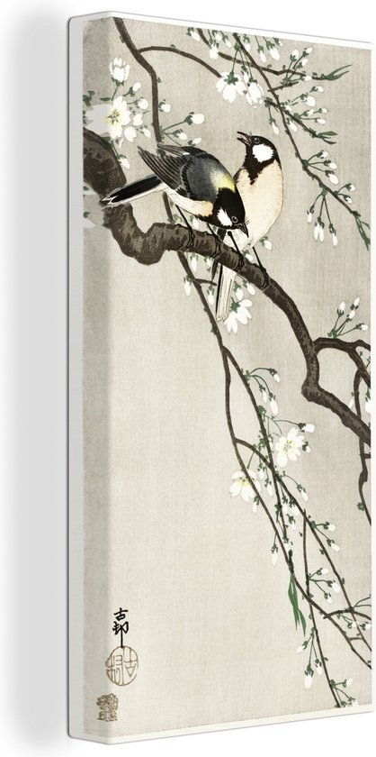 Tableau sur toile Deux mésanges sur fleur de cerisier - peinture de Ohara Koson - 40x80 cm - Décoration murale Art