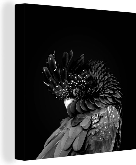 Canvas Schilderij Kaketoe met een donkere achtergrond - zwart wit - 50x50 cm - Wanddecoratie