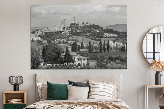 Peinture sur toile 150x100 cm - Décoration murale Les collines de San Gimignano en Toscane - noir et blanc - Décoration murale salon - Décoration chambre - Accessoires chambre - Peintures
