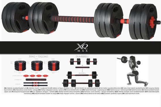 XQ Max 30 kg Dumbbell & Barbell - 3-in- 1 - Verstelbaar MET stang