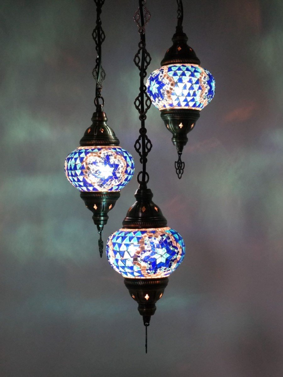 Turkse lamp - Oosterse lamp - Hanglamp - Blauw - 3 bollen - mozaïek