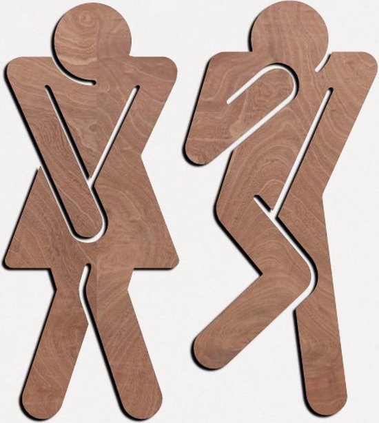 DEURBORDJE / DOOR SIGN - TOILETBORDJE / TOILETBOARD - Toiletsilhouette man en vrouw / Toilet silhouette man and woman - 14 x 15cm - DONKER HOUT / DARK WOOD - BADKAMER DECOR TEKEN - BADKAMERDEURBORD - WC - HOME DECOR - HOTEL -HORECA - PICTOGRAM