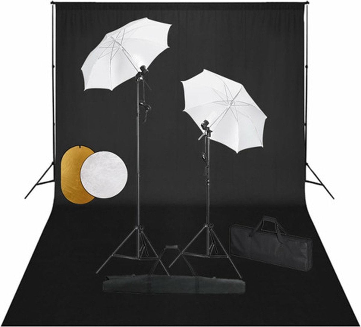 vidaXL - Fotostudioset - met - lampen, - paraplu's, - achtergrond - en - reflector