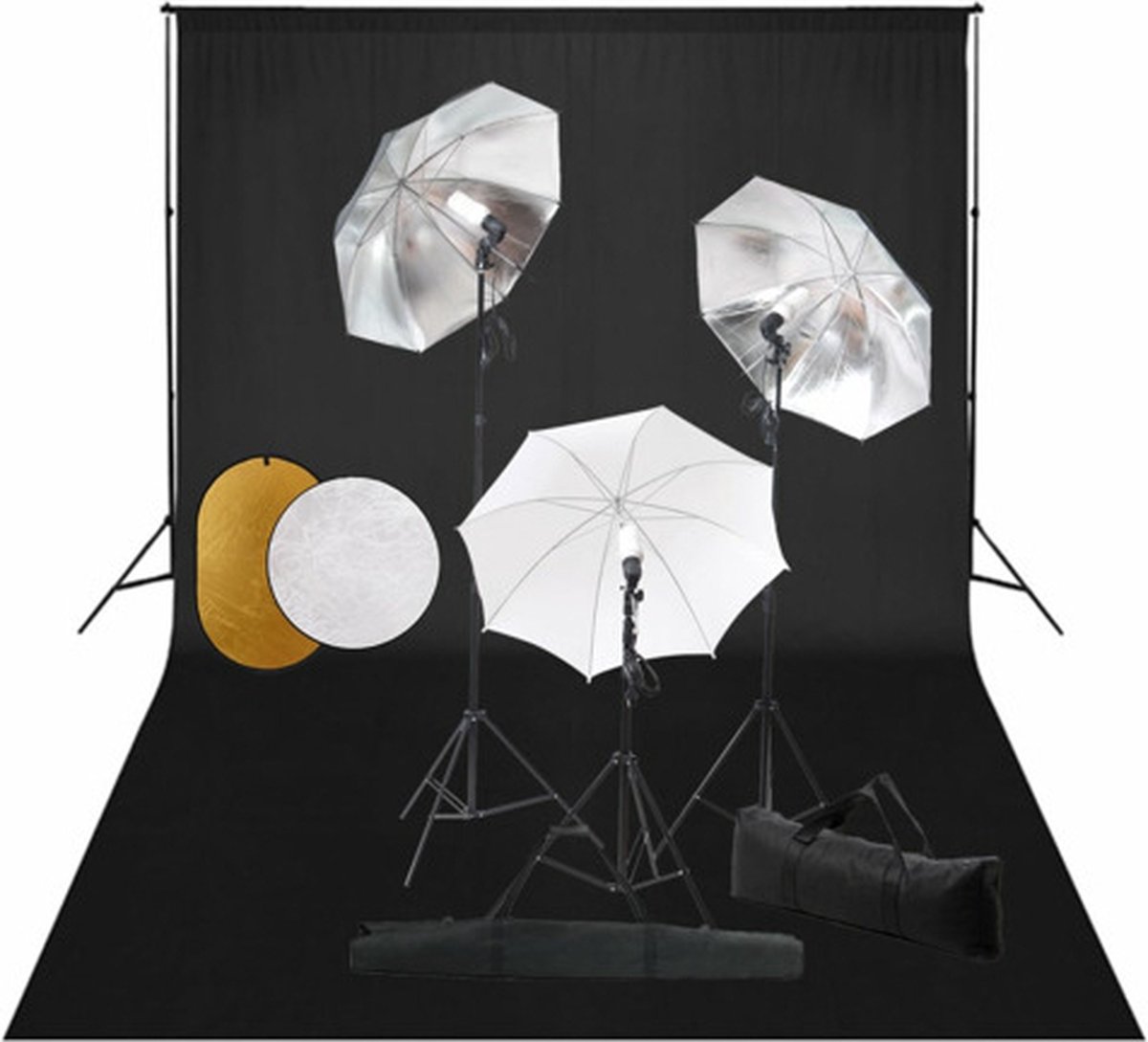 vidaXL - Fotostudioset - met - lampen, - paraplu's, - achtergrond - en - reflector