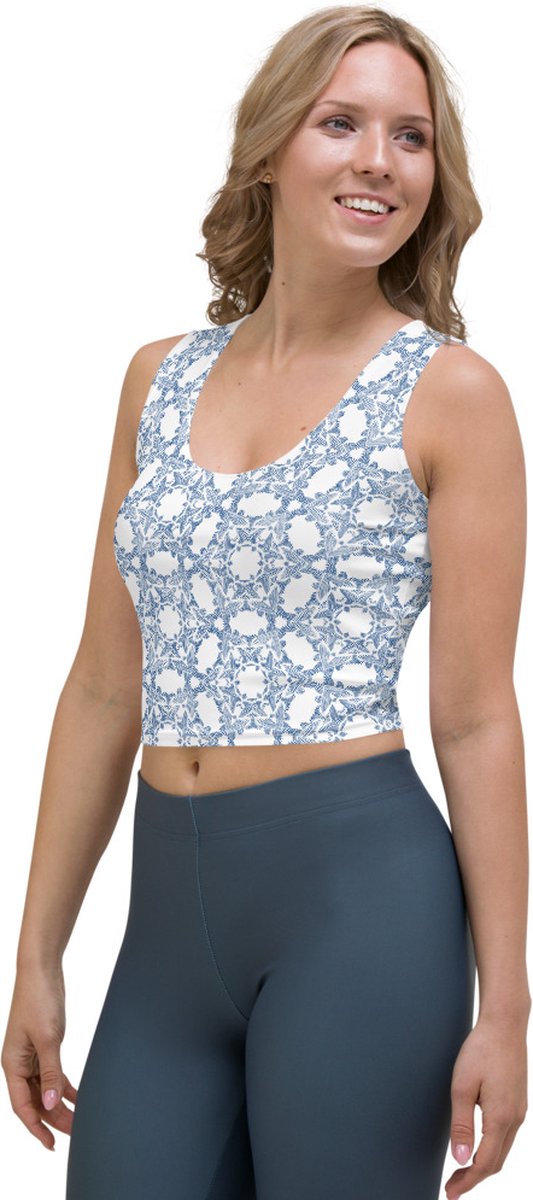 CropTop - design - design Grace in Lace - Dry Fit - High Performance - unieke print - 4way stretch - UPF 50+ - Hardloop - Yoga - Fitness - Dans - Pilates - Training - Sport Top - dames - wit klassiekblauw - maat XS