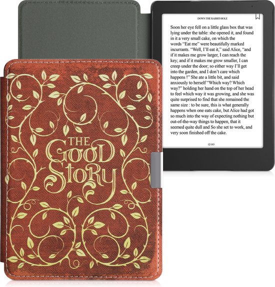 E-reader hoesje in de stijl van een oud sprookjesboek met de tekst 'THE GOOD STORY'. Het hoesje is rood met gouden ranken.