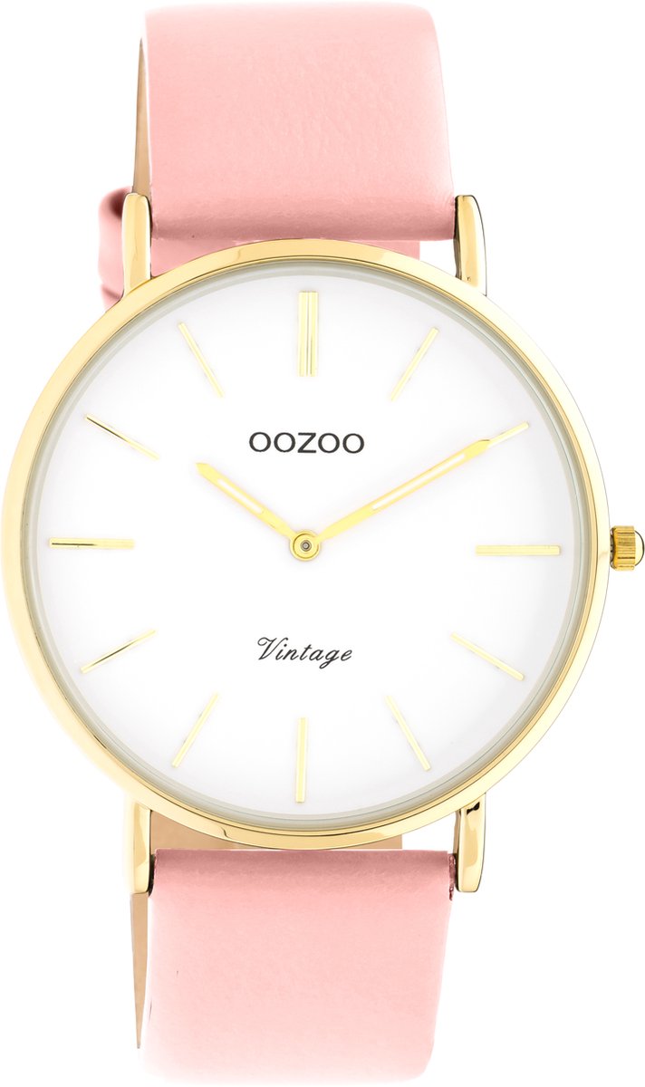 OOZOO Vintage series - Gouden horloge met roze leren band - C20254