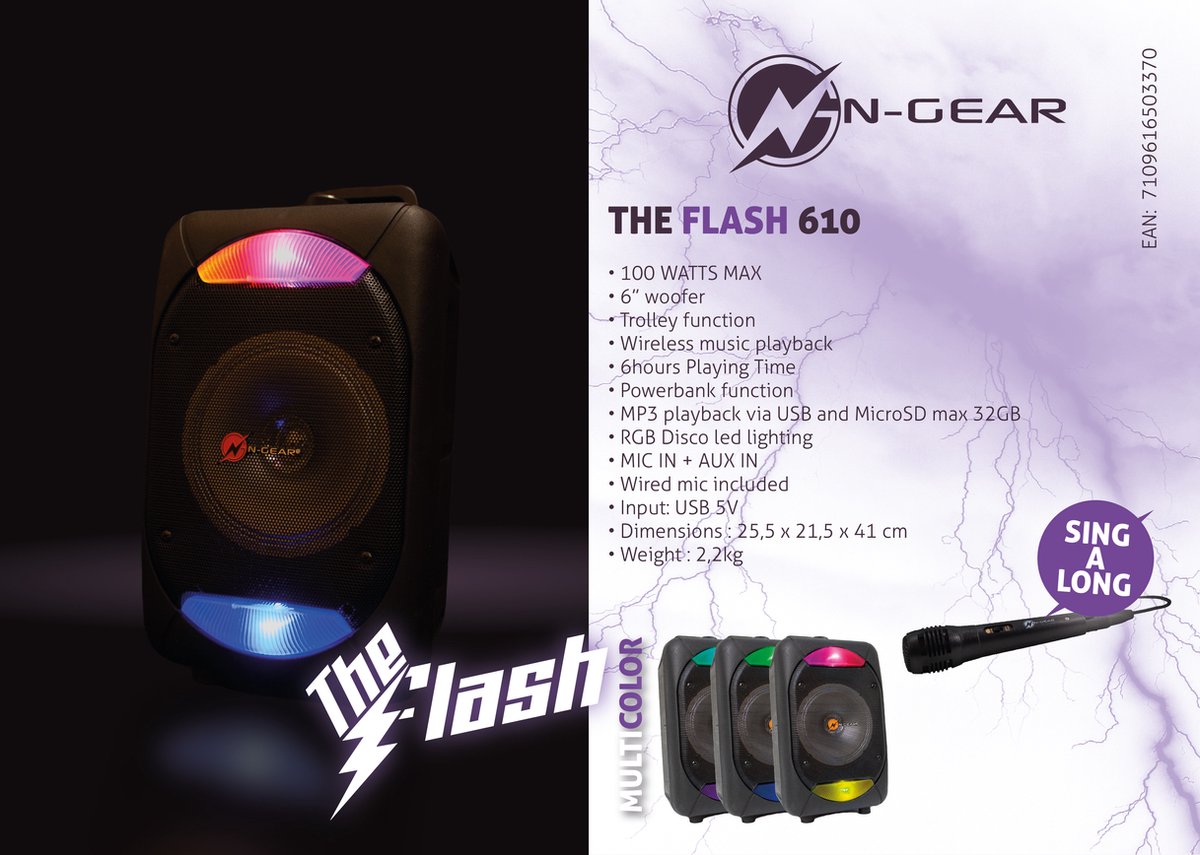N-GEAR Flash 1510 Enceinte Sono Karaoké Bluetooth Mobile Trolley 500 Watts, Lecteur MP3, Radio FM, autonomie 2 à 5 Heures