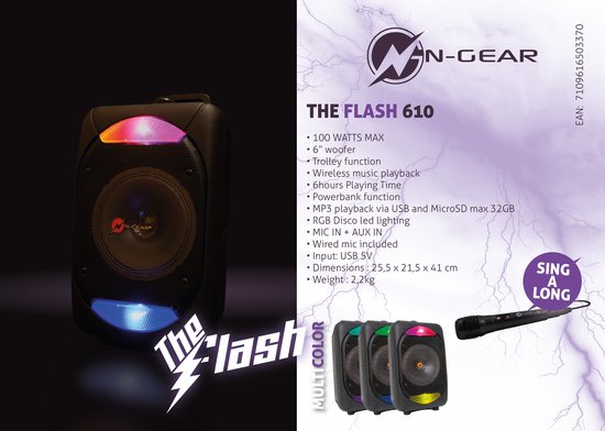 N-GEAR The Flash 610 - Draadloze Bluetooth Speaker - Karaoke Set - 1 Microfoon - Discoverlichting - N-GEAR