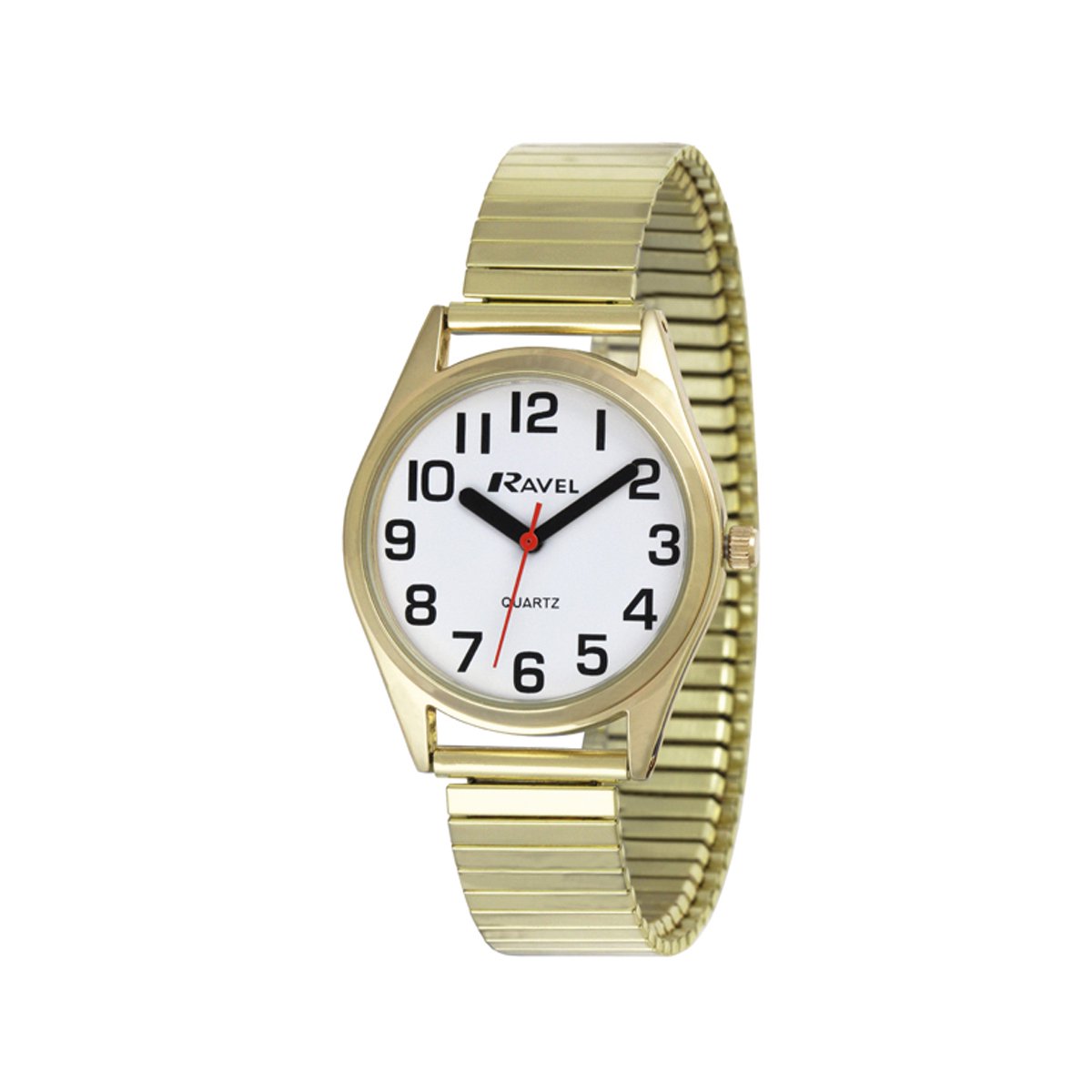 Ravel - dames super gewaagd zicht hulp roestvrij staal expander armband horloge met grote getallen en handen (27mm horlogekast) - Analoge Kwarts - R0225.02.2 - goudkleurig / witte wijzerplaat