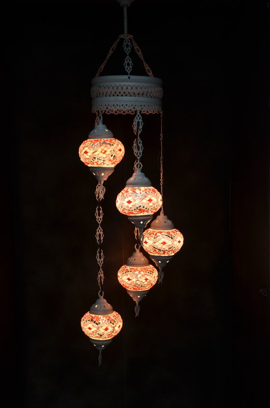 Lampe suspendue mosaïque de verre rose multicolore 5 ampoules lustre oriental turc crème marocain
